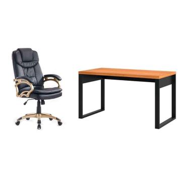 Imagem de Conjunto de Mesa Anah Freijó com Cadeira de Escritório Presidente Giratória com Relax Clark Preta e Dourada