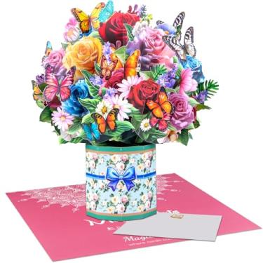 Imagem de Cartão de buquê de flores pop-up 3D com rosas e borboletas para o dia das mães, aniversário, boa, agradecimento, casamento, inauguração de casa, aposentadoria, simpatia, Páscoa, dia dos namorados