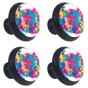 Imagem de 4 maçanetas de gaveta com impressão de quebra-cabeças coloridos 35 mm base preta puxadores de cômoda puxadores de armário de porta de armário puxadores para cozinha quarto armário