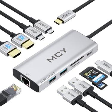 Imagem de MCY Estação de ancoragem para laptop único 8K, monitor duplo 4K a 60Hz, hub Ethernet USB C 10 em 1, vários adaptadores USB-C para HDMI PD100W, porta de dados USB, SD/TF, base dongle tipo C para
