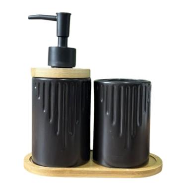 Imagem de Kit Lavabo Porcelana Moderno c/ 3 Peças Preto Fosco Difusor Aromatizador e Saboneteira Banheiro Sala (Preto, Gotejado)