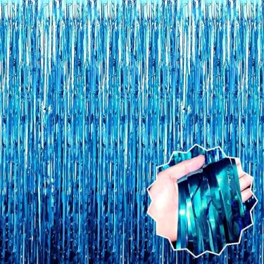 Imagem de Pacote com 6 cortinas de fundo de franja azul lago de 8 x 1,6 m, decorações de festa, cortinas metálicas para cabine de fotos, Halloween, Natal, aniversário, celebração, evento, decoração de festa