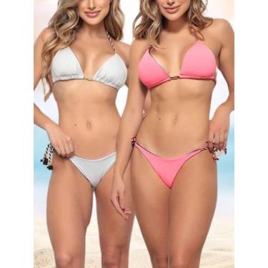 Imagem de Kit Biquíni Feminino Liso Rosa e Calcinha Dupla Face de Amarração Biqu