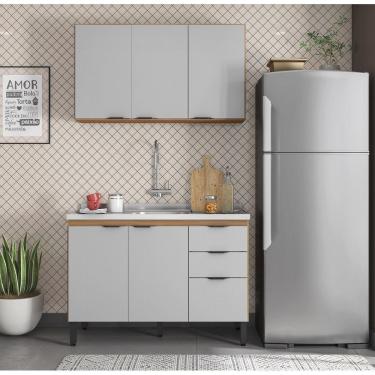 Imagem de Kit Cozinha Firenze Balcão Para Pia 120m sem Tampo e Armário Suspenso 3 Portas - Amêndola Touch/ Nude Prime TX Demóbile