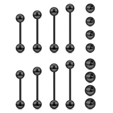 Imagem de Beautidots 16 peças 14G 16G anéis de língua anel de mamilo de aço inoxidável halteres retos barra longa prata preto ouro ponte piercings para mulheres homens 12 mm 14 mm 16 mm 18 mm comprimento bola