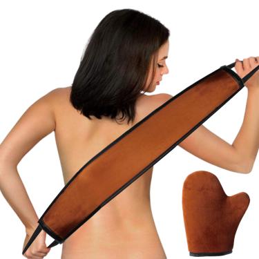 Imagem de Conjunto de luvas autobronzeadoras autobronzeadoras com veludo 2 peças de luvas de bronzeamento falso, kit de bronzeamento nas costas, aplicador de loção Buddy