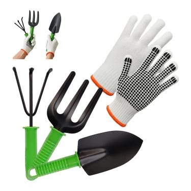 Imagem de Kit para Jardinagem 4 Peças - Pá, Garfo, Ancinho + Luva de Proteção