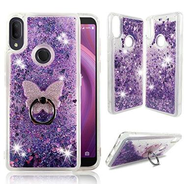 Imagem de Capa transparente Alcatel 3V 2019, ZASE Liquid Glitter Sparkle Bling para Alcatel 3V 6,7 polegadas (Metro,Tmobile) Capa protetora bonita Cachoeira Flutuante Areia movediça com suporte de anel de telefone, Roxa
