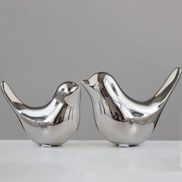 Imagem de FANTESTICRYAN Estátuas de pássaros pequenos douradas, decoração de casa, estilo moderno, ornamentos decorativos para sala de estar, quarto, mesa de escritório, armários (M&L; prata)