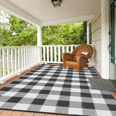 Imagem de dainslef Tapetes para ambientes externos, 22 x 45 cm, à prova d'água, portátil para pátio, tapete de palha de plástico reversível para acampamento, tapete xadrez moderno para varanda, deck, quintal