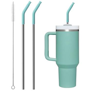 Imagem de Bluwing 2 canudos de aço inoxidável para copo Stanley de 1,134 g, acessórios de canudos Stanley de substituição de 1,134 g com pontas de silicone e escova de limpeza (verde claro)