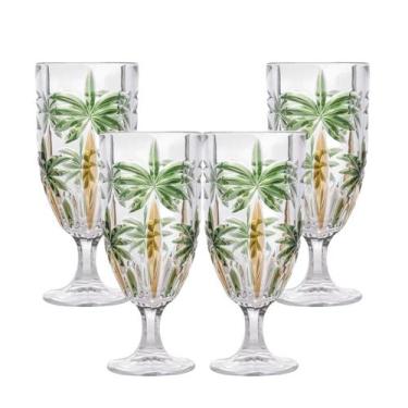 Imagem de Jogo 4 Taças de Cristal Palm Tree Coqueiro para Água Suco Wolff 450ml
