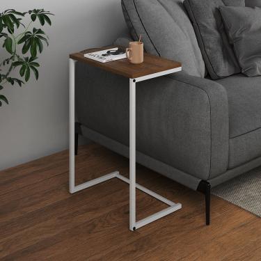 Imagem de Mesa Lateral de Apoio Industrial Sofá Charmme Ferro Branco e Tampo Amêndoa