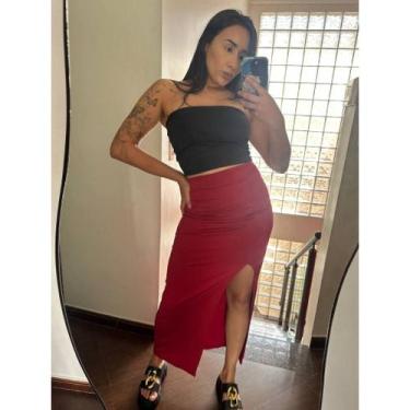 Imagem de Saia De Cintura Alta Longa Com Fenda Lateral Midi - NoBrand, Vermelho,