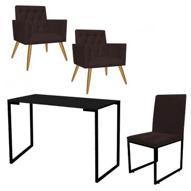 Imagem de Kit Escritório 2 Poltronas Capitonê Com Cadeira E Mesa Tampo Preto Corino Marrom - Amey Decor