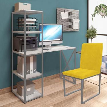 Imagem de Kit Escritório Mesa 5 Prateleiras E Cadeira Stan Prata Tampo Branco Sintético Amarelo - Amey Decor