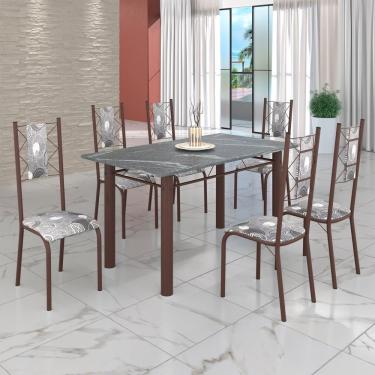 Imagem de Conjunto Sala De Jantar Mesa Tubo 3" 140x75cm Tampo Pedra Granito C-6 Cadeiras Paraopeba - Marrom