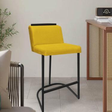 Imagem de Banqueta Com Encosto Nynna Luxo Confort Bistrô Cozinha Ferro Preto Corino Amarelo - Amey Decor