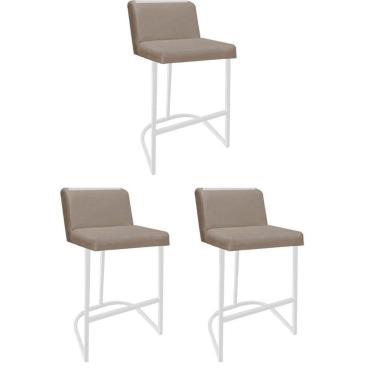 Imagem de Kit 03 Banquetas Com Encosto Confort Bistrô Cozinha Ferro Branco Corino Bege Amey Decor