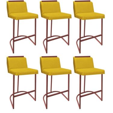 Imagem de Kit 06 Banquetas Com Encosto Confort Bistrô Cozinha Ferro Bronze Suede Amarelo Amey Decor