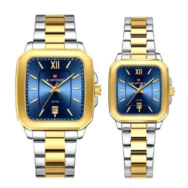 Imagem de Relogios De Pulso Analógico Conjunto De Casal Em Aço Inoxidavel Design Quadrado Impermeavel Azul Dourado