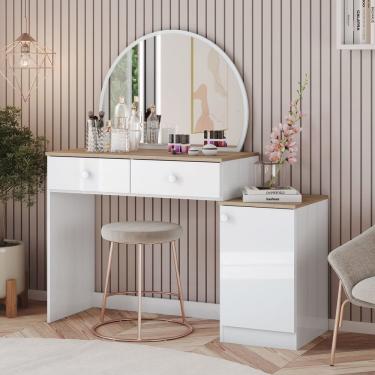 Imagem de Penteadeira Agnes 2 Gavetas Espelho Circular E Puxadores Em Abs Branco-marrom