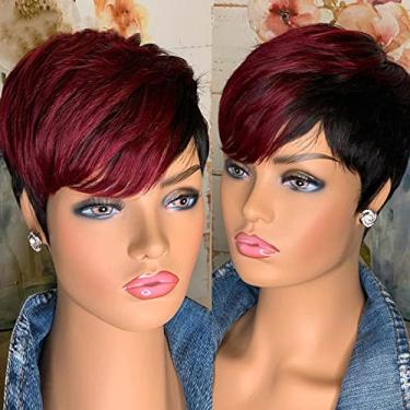 Imagem de PurpleSexy Perucas Curtas Pixie Para Mulheres Negras, Corte De Cabelo Humano, Sem Cola, Natural, Liso, Feito À Máquina, 1B/Vermelho 99J, Uso Diário, Colorido Em Camadas