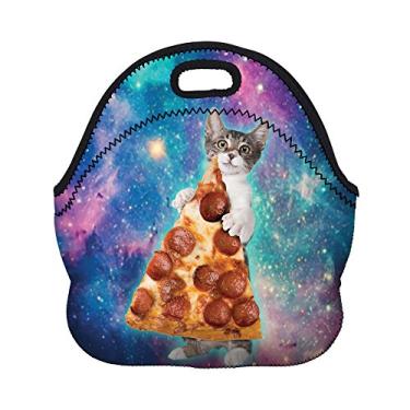 Imagem de HAPPYLIVE Lancheira de neoprene, Cat Take Pizza, unissex, 30 x 28 x 16,5 cm, 22 cm de profundidade, fecho de zíper fácil, ótima para almoços escolares ou de trabalho