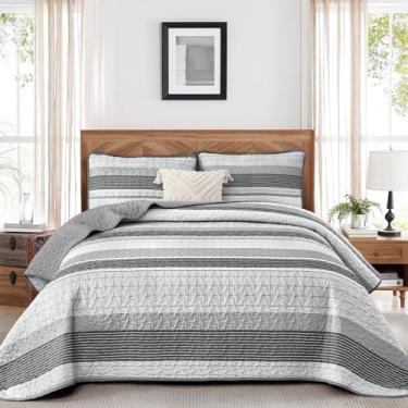 Imagem de Djoymock Conjunto de colcha king size, cinza, 3 peças, listrado, patchwork, macio, leve, com 2 fronhas, conjunto de edredom de microfibra para todas as estações, 279 cm × 228 cm