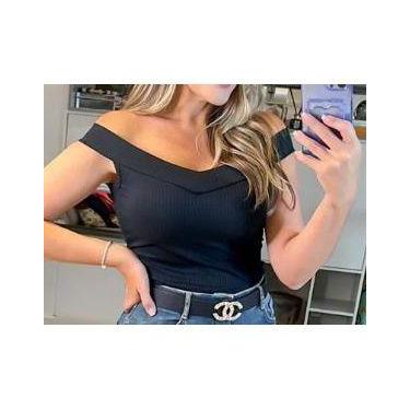 Imagem de Blusa feminina cavada ombro a ombro canelada - Filó Modas, P, Preto