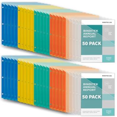 Imagem de Binditek Pacote com 50 jaquetas de poli para fichário de 3 anéis, jaqueta de plástico com bolsos para fichário, organizador de fichário de 3 furos, tamanho carta, 5 cores sortidas, para estudantes e