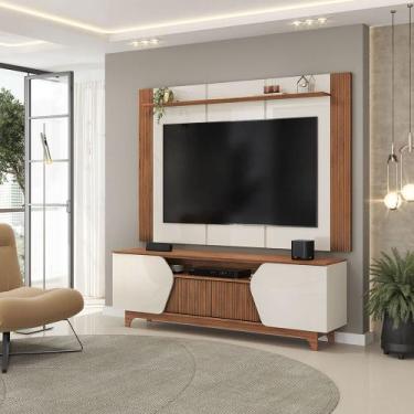 Imagem de Painel e Bancada TV 75" Rocha Ripado Canelado 4 Portas OffWhite/Freijó