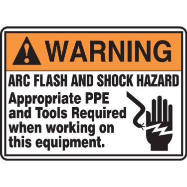 Imagem de Accuform MELC359VA Placa de segurança de alumínio, "Aviso ARC flash e perigo de choque EPI apropriado e ferramentas necessárias ao trabalhar neste equipamento" com gráfico, 17,8 cm x 25,4 cm, laranja
