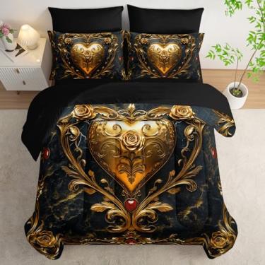 Imagem de lneffble Jogo de cama king size de coração preto e dourado 7 peças, conjunto de cama King com tema de coração, decoração de quarto com tema de coração, (1 edredom, 1 lençol de cima, 1 lençol com