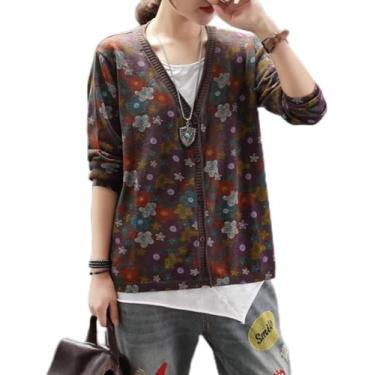 Imagem de Cardigan Feminino Cardigan Aberto Na Frente Suéter De Tricô Fino Vintage Colorido Floral Casual Elegante Jaqueta Cardigan De Malha Botão Para Baixo Casaco Leve Oversized Str, Khaki, One Size