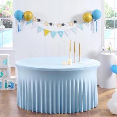 Imagem de Toalha de mesa redonda para casamento, 4/5/6 pés, opcional, em elastano, elástica, sem rugas, com saia com babados, para chá de bebê, festa de casamento, banquete, azul-celeste, 4 pés, 122 x 78 cm
