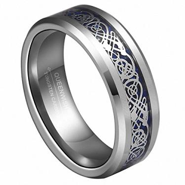 Imagem de QUEENWISH Aliança de casamento de tungstênio de 8 mm com nó de dragão celta prateado azul joia masculina, Carboneto de tungstênio, Sem pedra preciosa