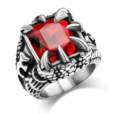 Imagem de Hoyazvet Anel masculino de aço inoxidável com garra de dragão - estilo motociclista gótico com acabamento em ouro preto/18K, pedra preciosa vermelha/preta, joia punk com sinete de pedra de cristal