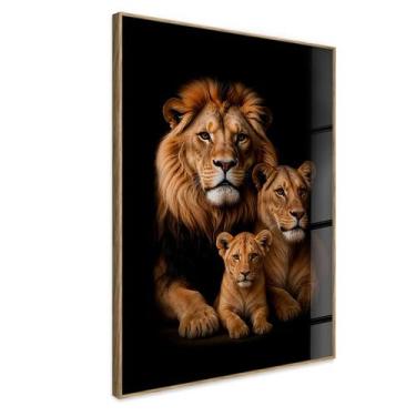 Imagem de Quadro Decorativo Leão Leoa Filhote Moderna Lar Sala com Vidro - Decor