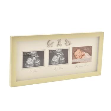 Imagem de Happy Homewares Impressionante moldura fotográfica de madeira marfim marfim para bebês com várias aberturas - 1ª digitalização, 2ª digitalização e primeira foto - perfeita para pais grávidas