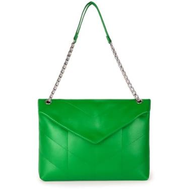 Imagem de Bolsa de Ombro Feminina em Couro Legítimo Verde, Alça de Corrente, Design Envelope, Espaçosa