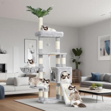 Imagem de Heybly Árvore para gatos, 166 cm, torre para gatos internos, condomínio com folhas, cesta, folha, tigela de alimentação, móveis modernos de pelúcia de vários níveis, cinza claro HCT015W