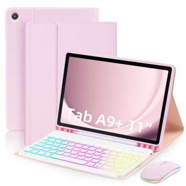 Imagem de EAMPANG Capa com teclado e mouse para Samsung Galaxy Tab A9 Plus de 11 polegadas (SM-X210/X215/X216/X218), capa magnética com teclado USB-C destacável de 7 cores arco-íris com compartimento para