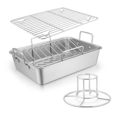 Imagem de Leonyo Assadeira de assadeira com prateleira plana em forma de V e suporte de frango para lata de cerveja, assadeira retangular de aço inoxidável com alças para frango peru, saudável e lavável na