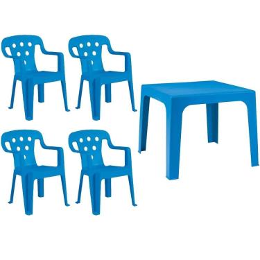 Imagem de Kit Quatro Cadeiras Plásticas com Mesa Infantil Azul MOR