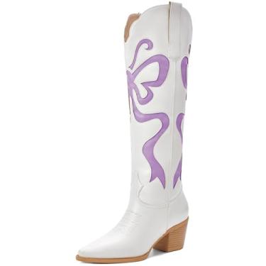 Imagem de Botas Cowgirl – Botas femininas caubói com laços coloridos bordadas, branco ocidental, botas na altura do joelho, modernas, bico amendoado, salto grosso, botas altas, Roxa, 37