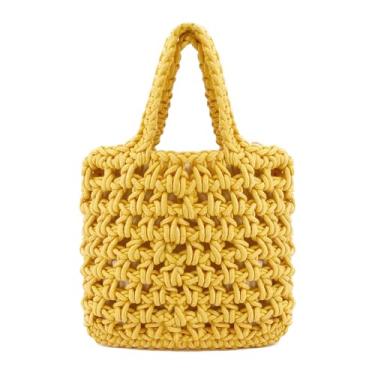 Imagem de Naimo Bolsa de praia de palha, bolsa de ombro de vime, bolsa de mão de rede de pesca, bolsa de corda de algodão, bolsa Hobo de crochê de verão, Quadrado amarelo