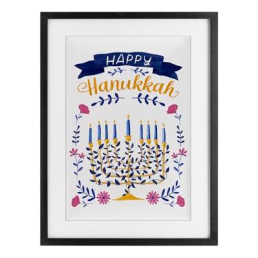 Imagem de Stupell Industries Impressão floral Menorah Happy Hanukkah preta emoldurada sob vidro design por JJ Design House LLC, 50 x 35,5 cm