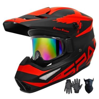 Imagem de Capacete de motocross, motocicleta ATV Dirt Bike para jovens e adultos, BMX, 4 rodas, off-road, certificado DOT, com luvas e máscara de óculos, conjunto de 4 peças (01 vermelho, grande)
