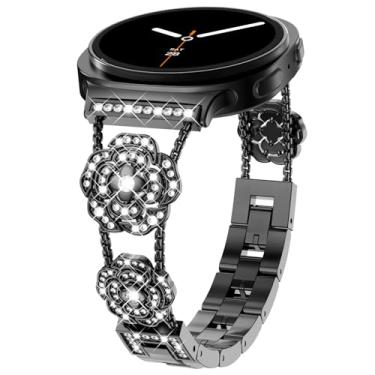 Imagem de WINGLE Pulseira brilhante para Galaxy Watch 8 Samsung Galaxy Watch 8 Classic de 40 mm, 44 mm e 46 mm, pulseira feminina de diamante brilhante floral rosa camélia para Galaxy Watch8, preta
